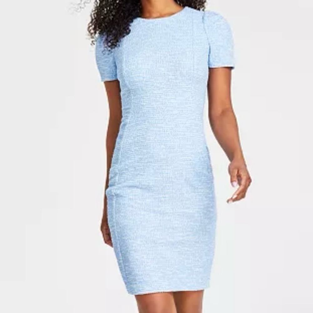 Calvin Klein Blue Tweed Short-sleeve Sheath Mini Dress Size 6